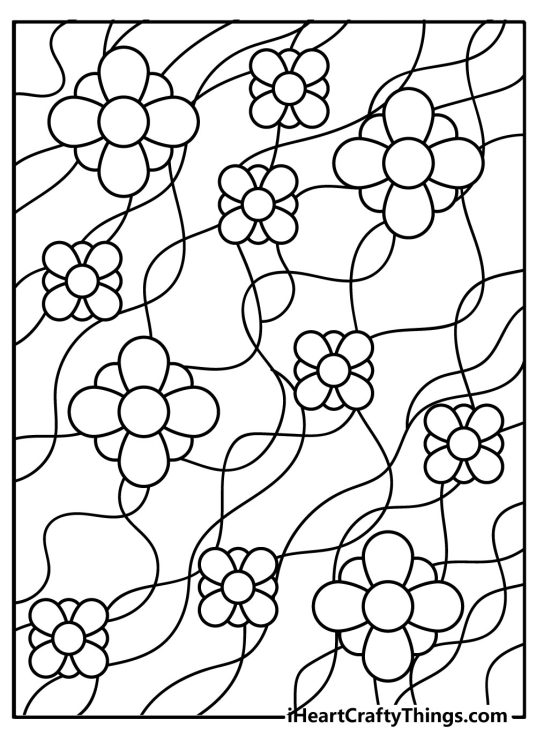 Trippy coloring image featuring lots of floral patterns surrounded by wavy lines