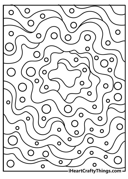 Trippy coloring printable featuring many small circles surrounded by wave-like elements
