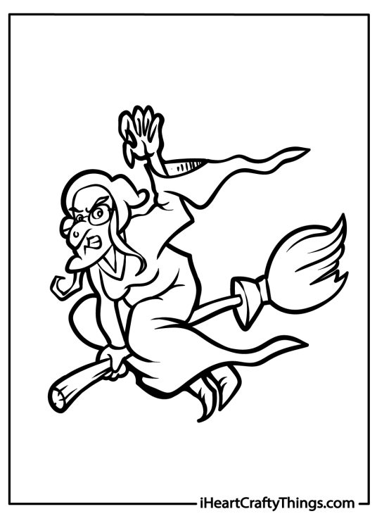 Wicked witch on broomstick coloring pages for adults