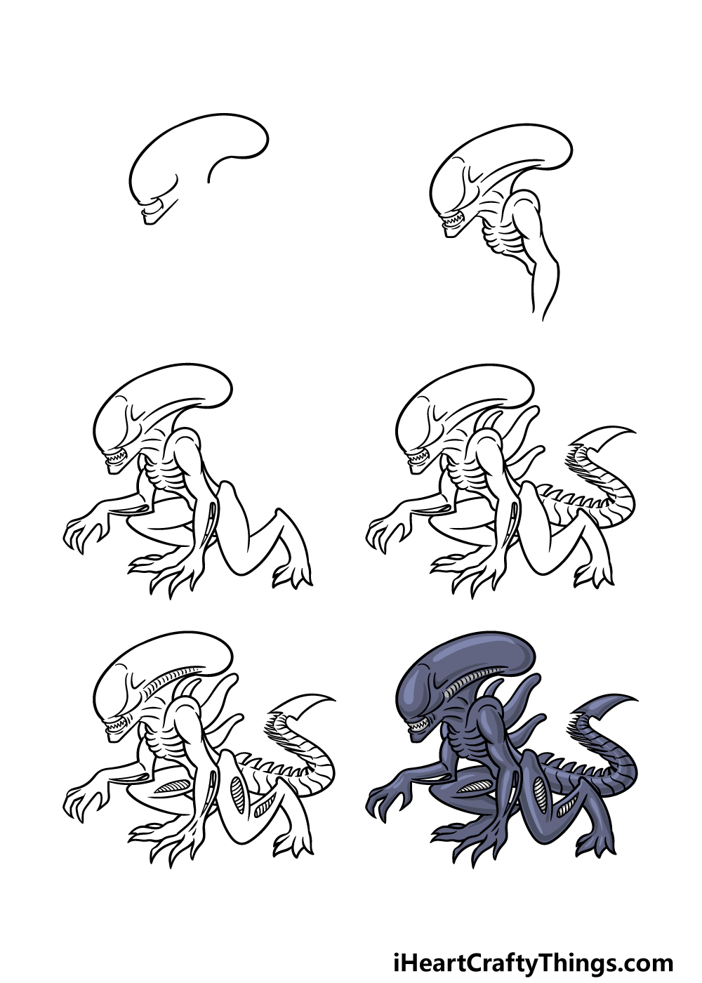 how to draw a Xenomorph in 6 steps