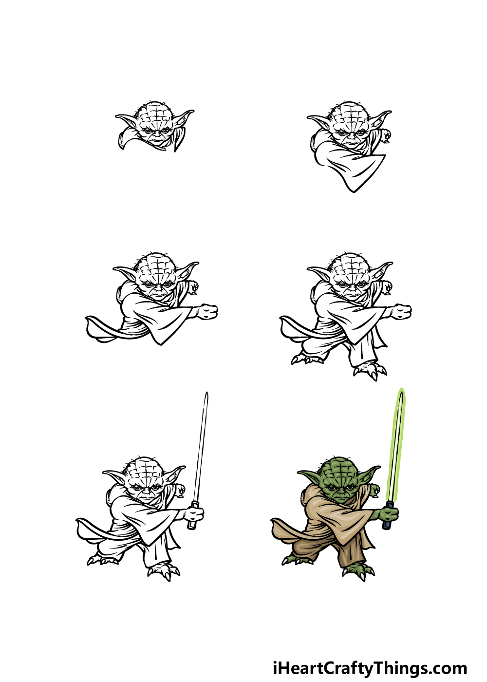 how to draw Yoda in 6 steps