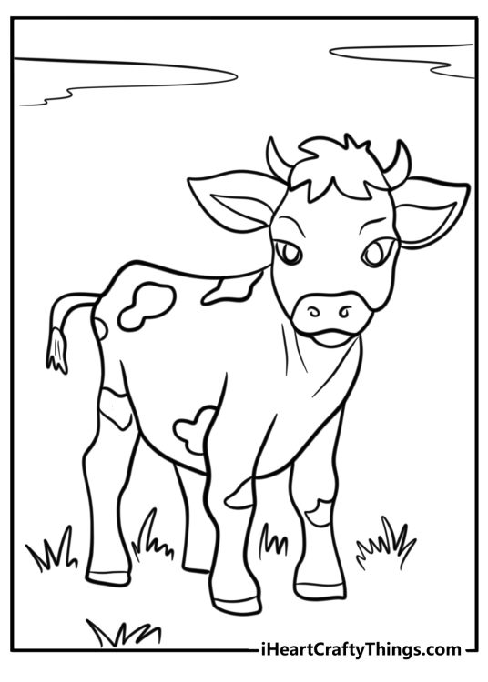 Animal-themed picture for kids featuring cute spotted cow standing in the meadow