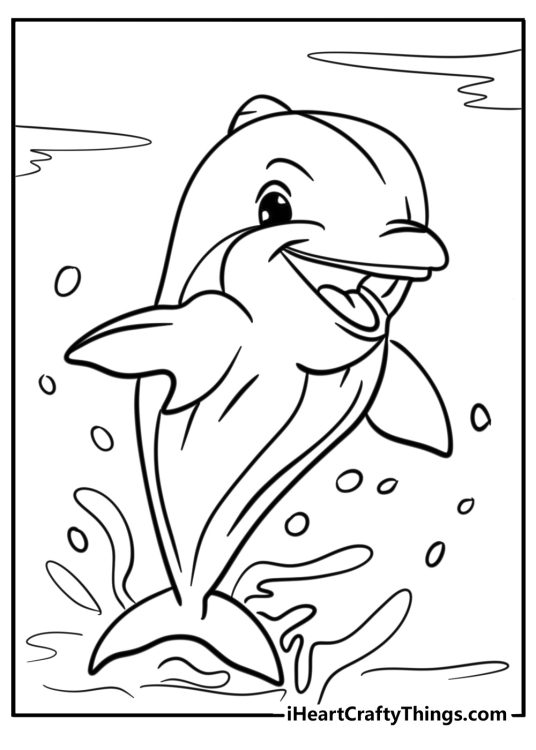 Animal-themed image for children featuring cute smiling dolphin jumping out of water