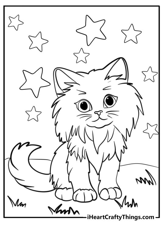 Animal-themed printable for kids featuring fluffy cat sitting on a grass with stars above its head