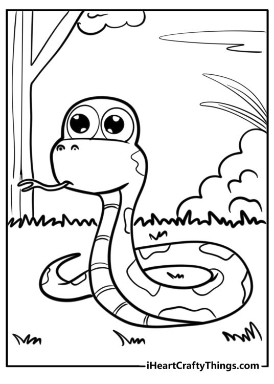 Animal-themed coloring page for pre-schoolers featuring cartoony snake resting outdoors