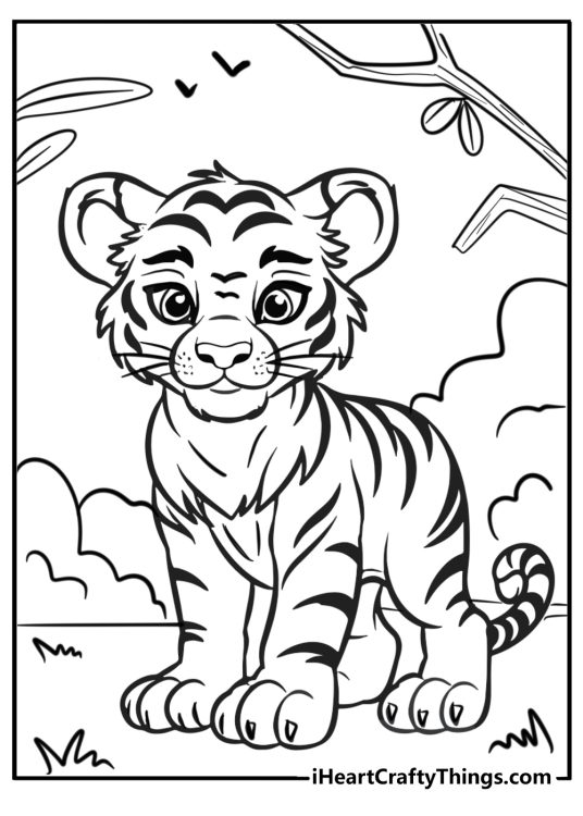 Detailed animal-themed coloring sheet presenting cute young tiger with bushes and tree branches in the background