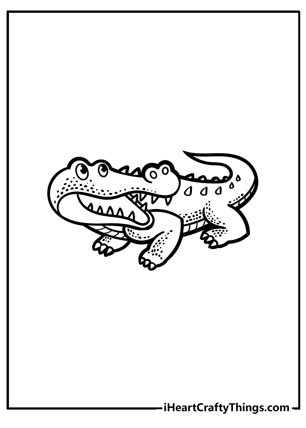 Coloring pdf featuring small crocodile with scales on the body looking cheerfully at something