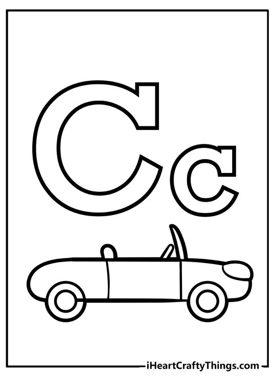 Printable coloring sheet featuring uppercase and lowercase letter C and little car underneath