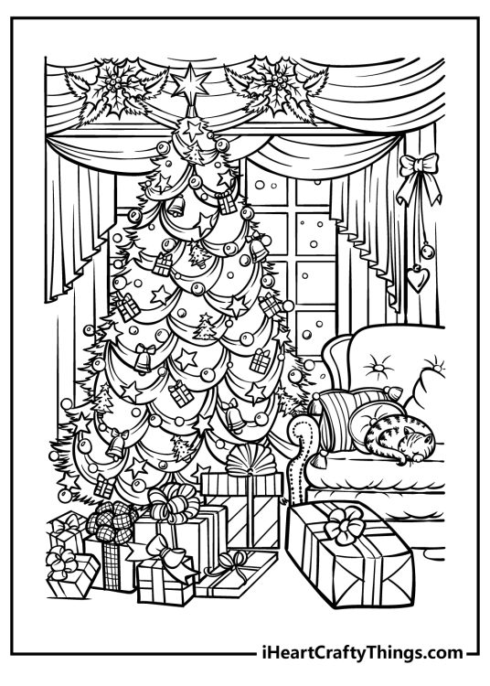 Cozy Christmas coloring page with a decorated Christmas tree inside the house