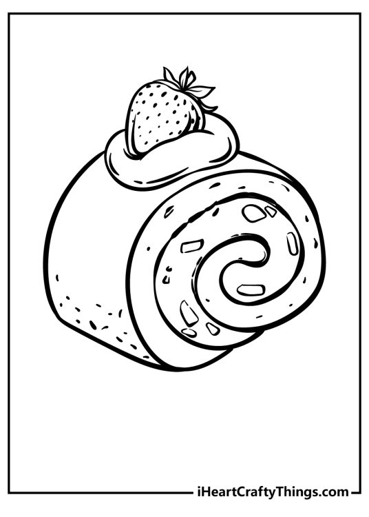 Dessert coloring image featuring a piece of delicious Swiss roll with some cream and a strawberry on top