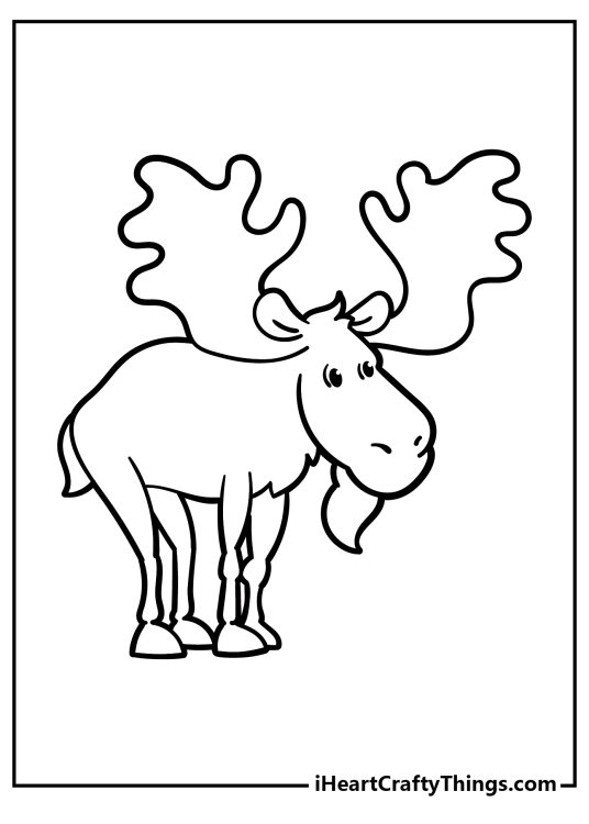 Printable coloring image for children of a realistic bashful-looking moose with huge antlers