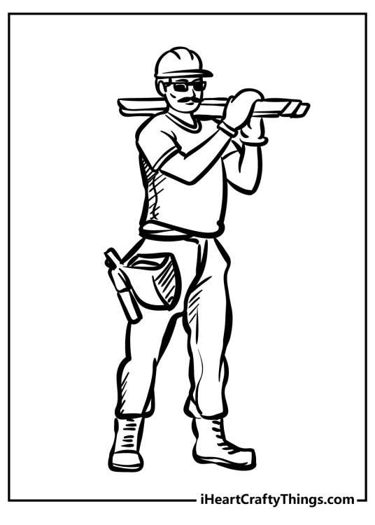 Free printable to download and color featuring builder carrying around some planks