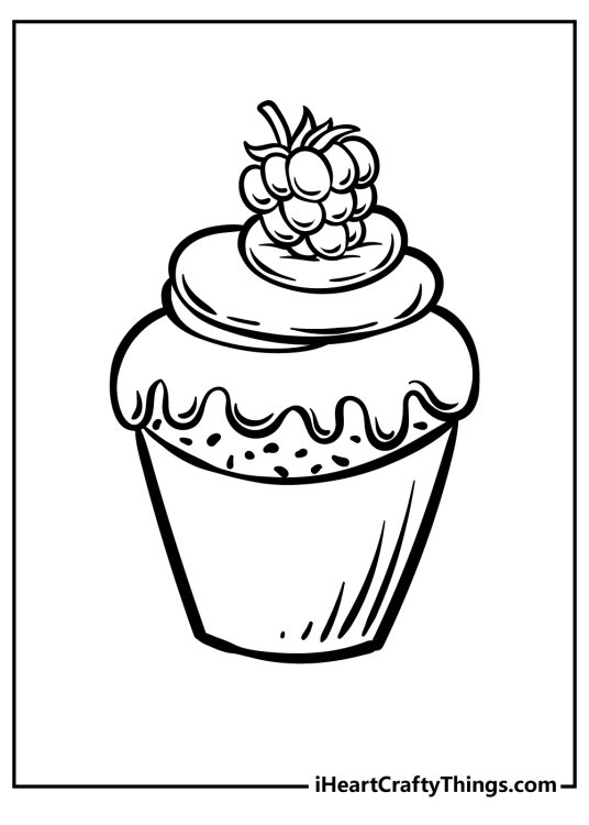 Dessert picture presenting delicious-looking cupcake with icing and a plump raspberry on top