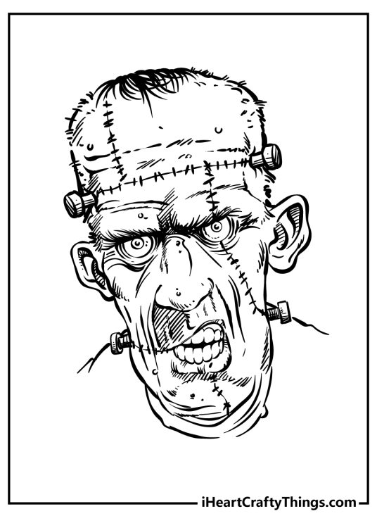 Frankenstein-themed picture presenting zombified version of the monster with bolts and stitches across his face