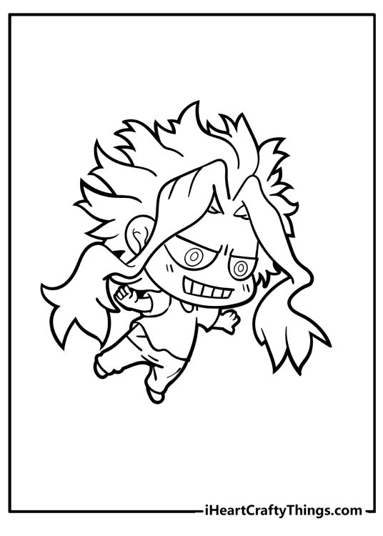 Chibi-themed printable of an anime character looking like a villain with big dramatic hair and crazy eyes