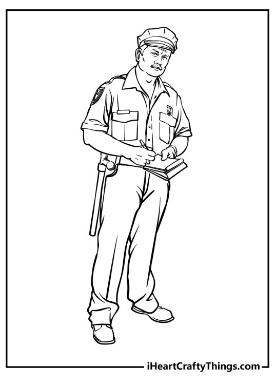 Detailed coloring picture of an officer taking down some notes with blank background