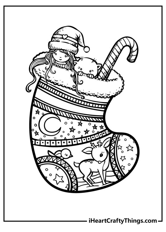Detailed Christmas coloring page of a sock with various patterns