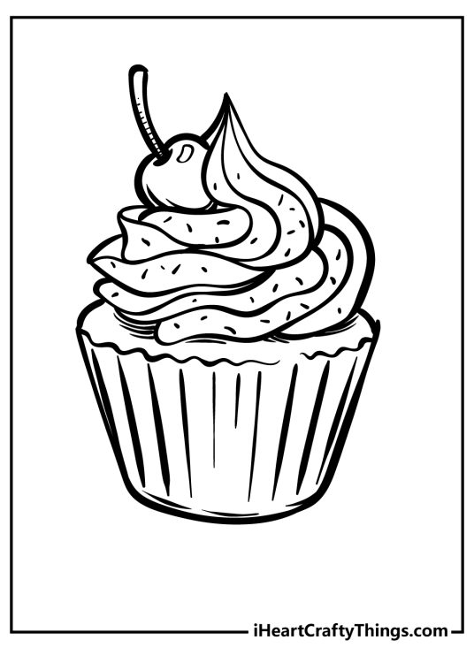 Dessert coloring page for kids featuring tasty cupcake with a large dollop of twisting icing and a cherry on top