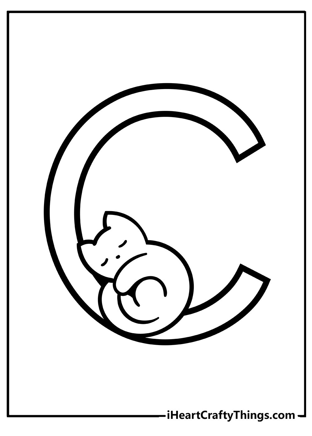 Printable coloring page for kids of a tiny cat sleeping curled up on the letter C