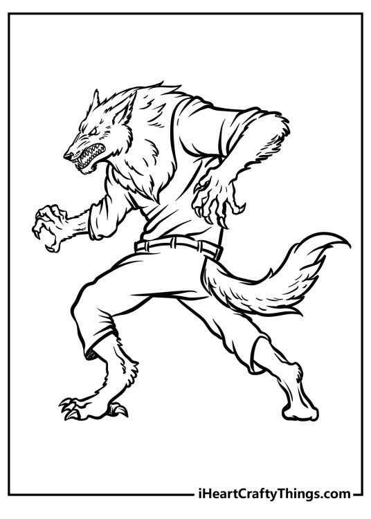 Coloring image of a werewolf in mid-transformation as still wearing some of the clothing