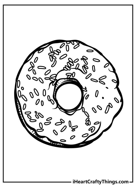 Dessert picture to print and color presenting a delicious doughnut with an icing and sprinkles