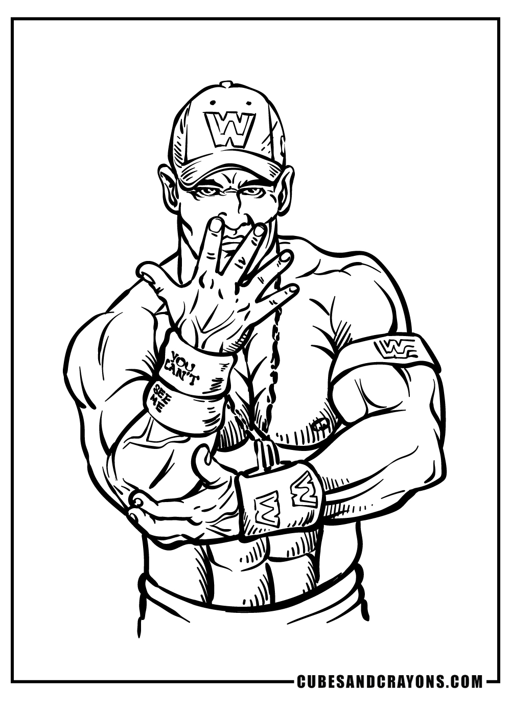 Detailed WWE-themed coloring printable for adults featuring popular wrestler John Cena