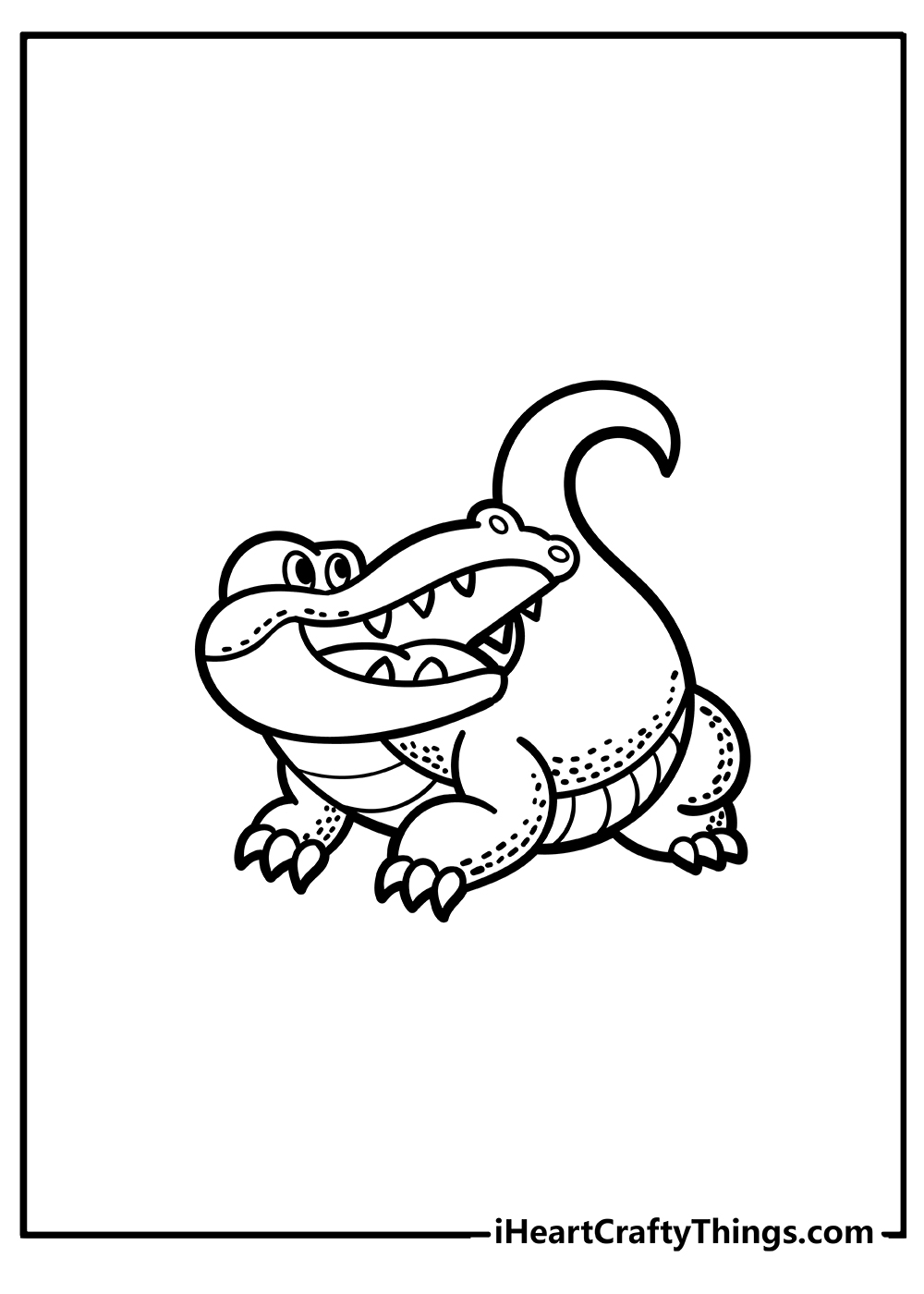 Coloring picture for preschoolers of a cute little crocodile with head turned to the right and opened jaw