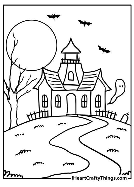 Coloring printable featuring curved path leading up a hill with haunted house surrounded by bats ghost and full moon
