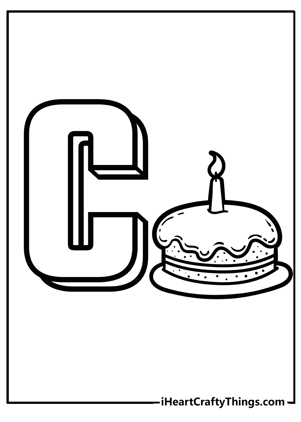 Letter C and cake on the right side with a lit candle on top free printable sheet for children