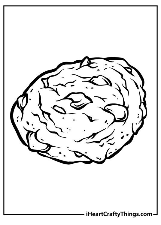 Dessert-themed coloring image for kids featuring a cookie with chocolate chips in it