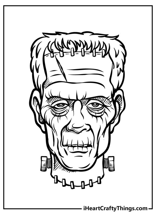 Picture presenting a close-up portrayal of a scary-looking monster Frankenstein