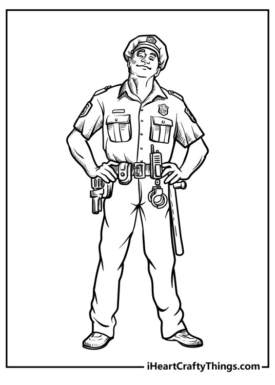Free printable picture featuring relaxed and pleased with himself police officer holding hands on his belt