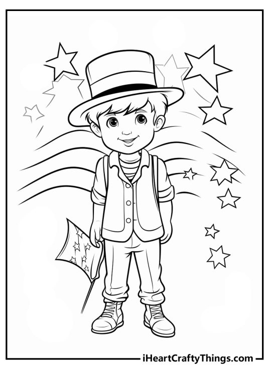 Coloring page featuring a cheerful boy celebrating the 4th of July with a flag and a cylinder hat surrounded by stars