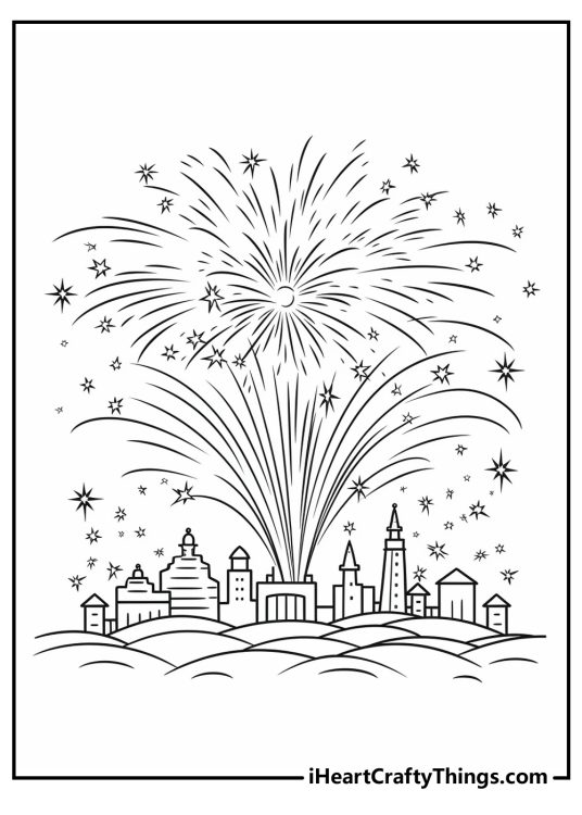 Detailed coloring card featuring fireworks show lighting up the night above a bustling city