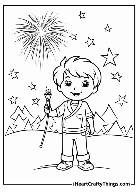 Coloring sheet of a smiling boy celebrating 4th of July with trees, twinkling stars and firework in the background