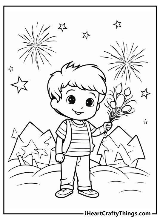 Young boy holding a bouquet of flowers with a town, stars and fireworks in the background printable pdf to color