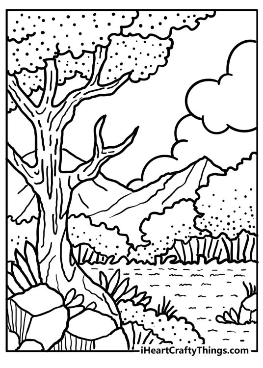 Coloring page featuring some open area in the forest with two mountains in the horizon