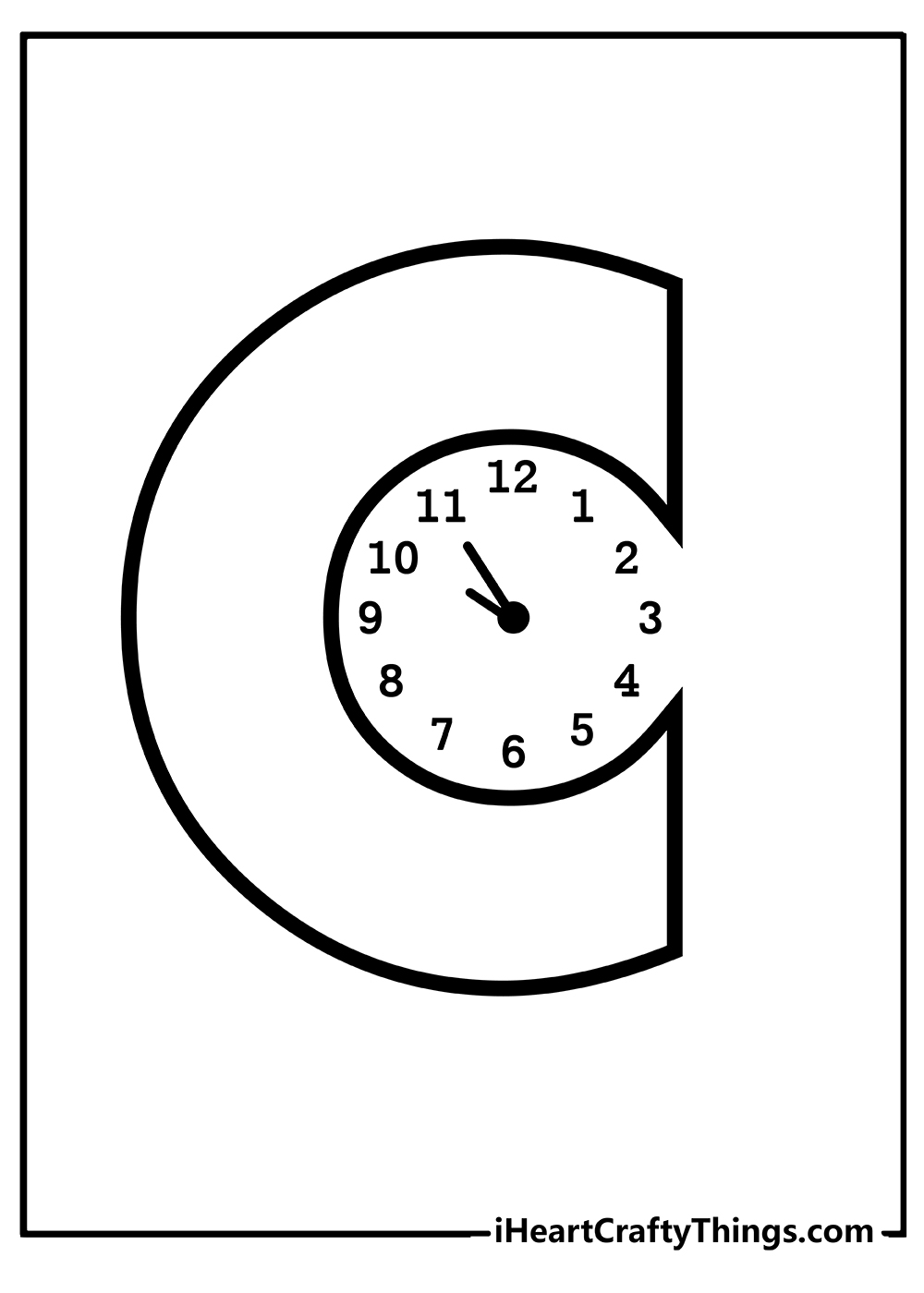 Free printable page for kids of a simple letter C transforming into a clock