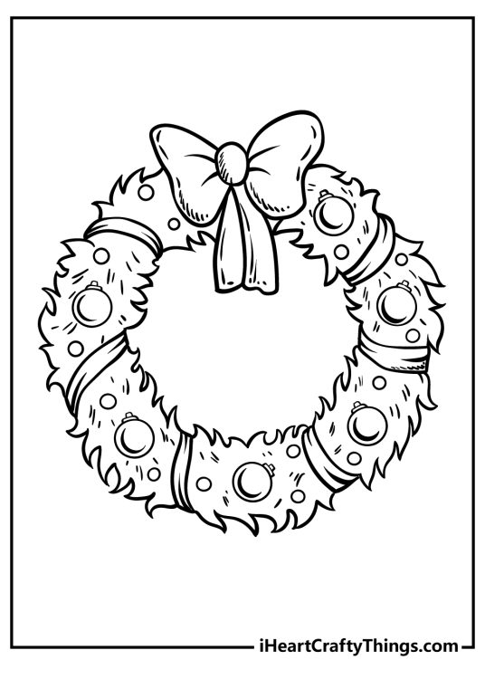 Easy Christmas wreath coloring page with a ribbon and jingle bells