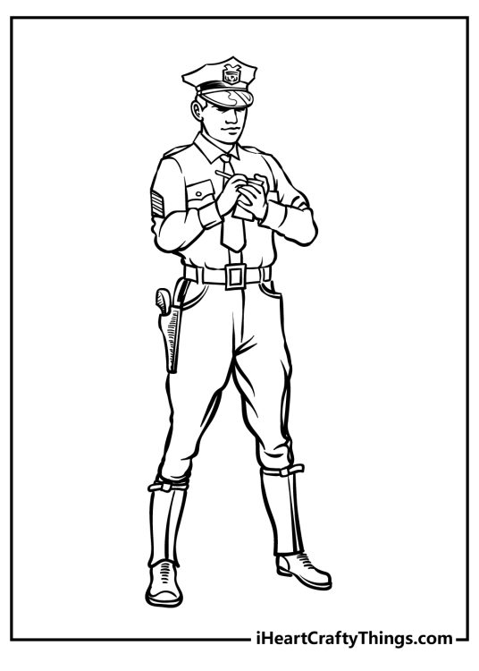 Free printable coloring sheet of a police officer in the middle of writing a ticket