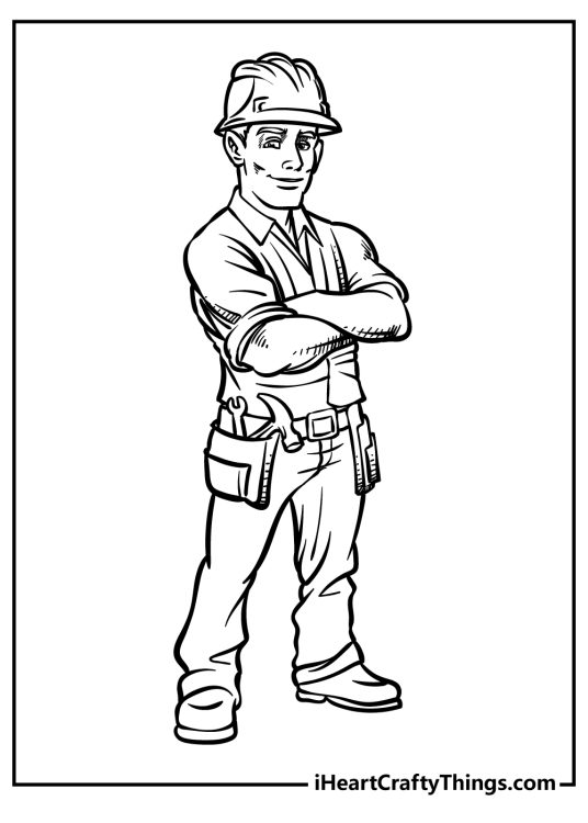 Free construction-themed printable pdf featuring cool builder posing with arms crossed