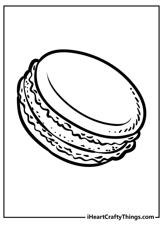 Dessert-themed printable page presenting an elegant snack macaron made up of meringue slices and icing