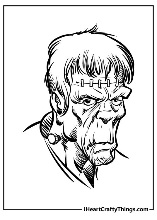 Printable coloring picture featuring a close-up portrayal of a scary Frankenstein