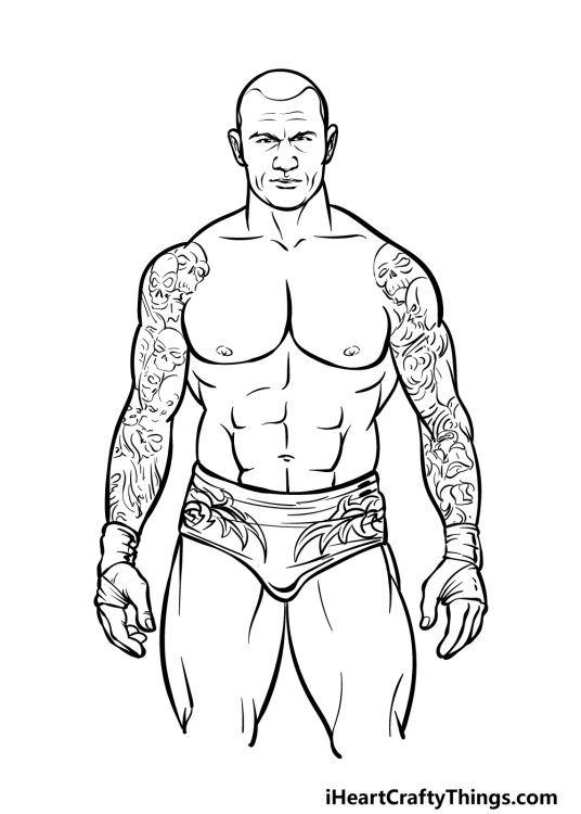 WWE-themed printable coloring image depicting wrestler Randy Orton with intricate tattoos on his arms