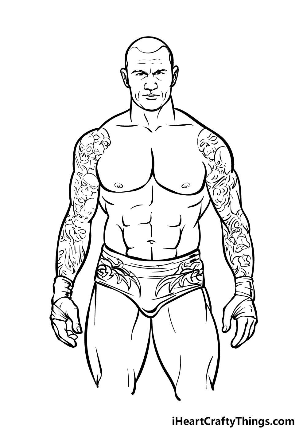 WWE-themed printable coloring image depicting wrestler Randy Orton with intricate tattoos on his arms