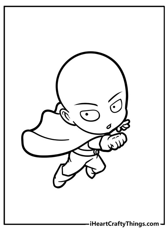 Chibi-themed printable pdf featuring character Saitama depicted in a fight ready to punch an opponent