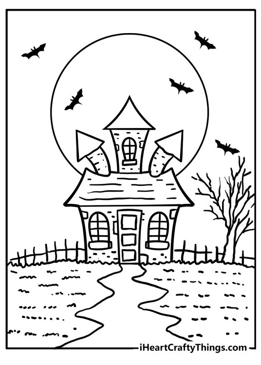 Image of a haunted house with towers bent sideways and full moon shining from behind the house