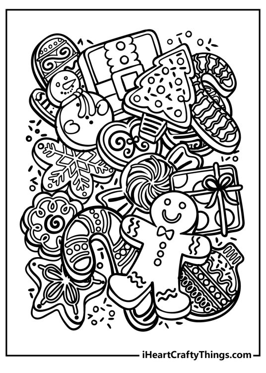 Hard coloring page featuring detailed Christmas gingerbread cookies
