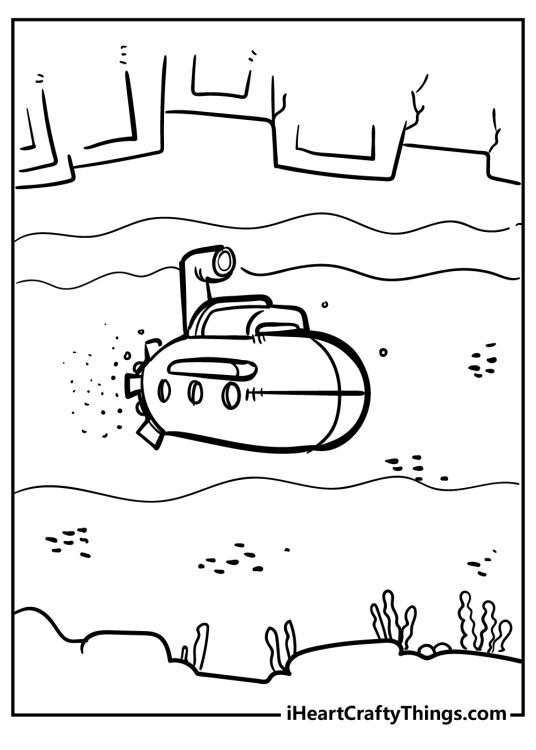 Free coloring page for kids featuring simple design submarine on a deep dive exploring a cave system