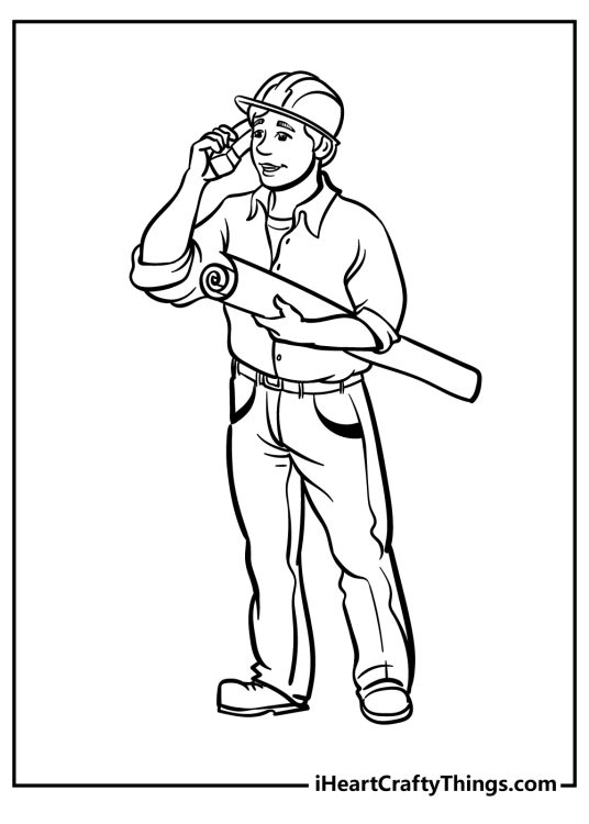 Free construction-themed poster fetauring a builder holding a blueprint and talking to someone on a phone